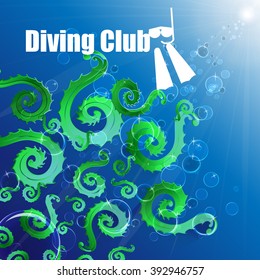 Diving club. Colored algae on a blue background, bubbles, deep expanse of water.