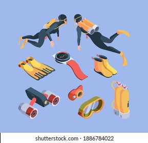 Diving club. Isometric underwater sport items for divers flippers breathing tube air tanks bathyscaphe garish vector