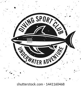 Diving club monochrome round emblem with shark vector illustration on background with removable grunge textures