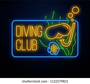 diving club neon sign isolated on brick wall