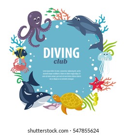 Diving club  round decorative frame consisting of underwater animals, seaweed and corals flat vector illustration