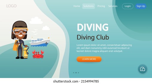 Diving Club website template. Illustration of a sea beach. Fins, oxygen cylinder, mask. Composition with a professional woman. Flat female character.