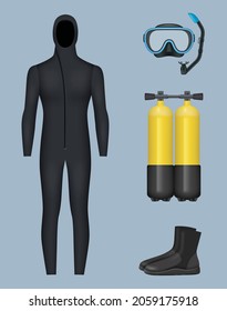 Diving collection. Underwater swimming scuba tanks glasses for diver flippers rubber stretching professional costume lifebuoys decent vector realistic set