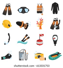 Diving color flat icons set for web and mobile design