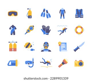 Diving color icons set. Collection of graphic elements for website. Certificate, knife, fins, snorkel goggles and oxygen bottles. Cartoon flat vector illustrations isolated on white background