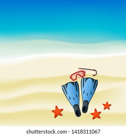 Diving colored kit with snorkel, mask and flippers that lie on the beach. Somebody dived and used this kit and found sea stars in sea. Vector illustration