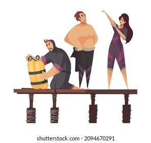 Diving composition with doodle human characters standing on deck bridge ready to dive vector illustration