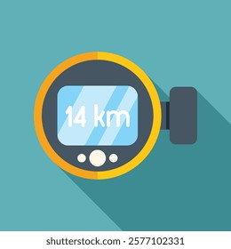 Diving computer showing distance in kilometers, designed in a flat style with a long shadow