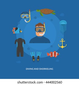 Diving concept. Diver man in wetsuit and undersea elements. Snorkeling illustration with snorkeler and underwater activity items. Snorkeler and dive equipment. Snorkeling and scuba diving icon set.