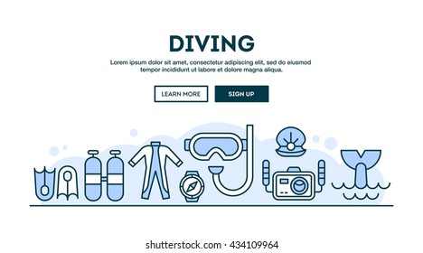 Diving, concept header, flat design thin line style, vector illustration