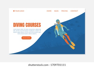 Diving Courses Landing Page Template, Diving Water Active Sport Vector Illustration