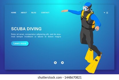 Diving courses. Web banner with diver. Flat vector illustration.