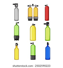 Tauchzylinder-Set Cartoon. Sauerstofftank, komprimiert schwarz, Taucher isometrische Tauchzylinder Zeichen. einzelne Symbol, Vektorgrafik