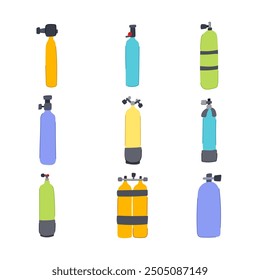 diving cylinder set cartoon. pressure regulator, buoyancy depth, safety oxygen diving cylinder sign. isolated symbol vector illustration