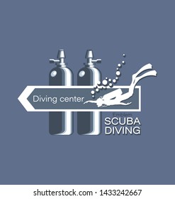 Diving cylinders and diver with an arrow and an inscription. Diving center. Scuba diving.