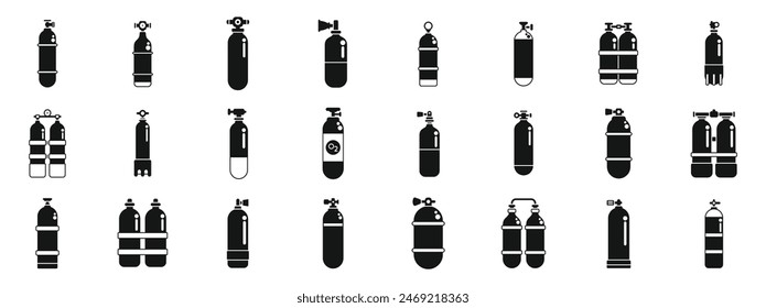 Diving cylinders icons set vector. A collection of black and white icons of various types of gas cylinders