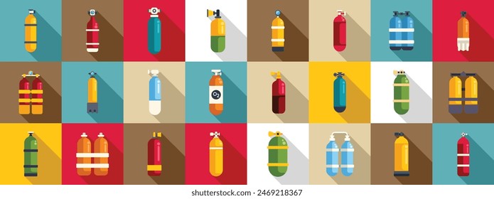 Diving cylinders icons set vector. A collection of various colored fire extinguishers in different sizes and shapes