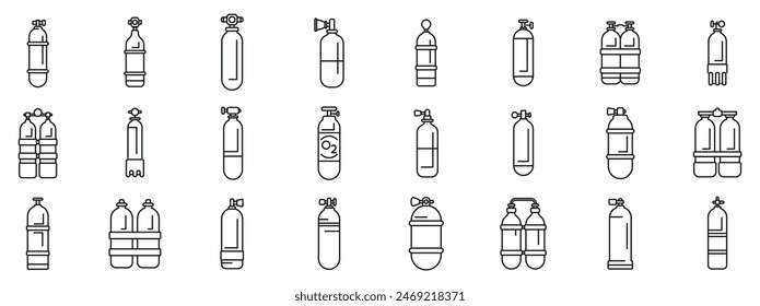 Tauchzylinder-Symbole setzen Vektorgrafik. Eine Kollektion verschiedener Typen von Gasflaschen. Einige sind mit den Buchstaben J und J gekennzeichnet. Die Zylinder sind alle in einer Reihe angeordnet