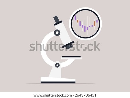 Diving deep into economic trends by analyzing candle graphs displayed through a microscope, illustrating shifting market dynamics and data patterns in a contemporary context