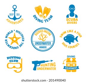 Diving deep sea adventures scuba divers seal sets set isolated vector illustration