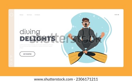 Diving Delights Landing Page Template. Diver Character Float in Lotus Yoga Pose, Achieving Inner Balance And Harmony Underwater. Diver Gracefully Meditate. Cartoon People Vector Illustration