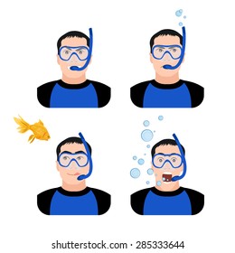 Diving design concept set with instructor with different emotions equipment underwater shooting flat icons isolated vector illustration