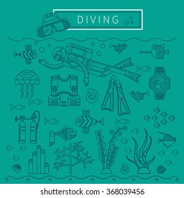 Diving design concept. Set-lifetime underwater divers, fish, seaweed, diving equipment. Flat icons in branding linear style. Vector illustration