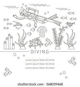 Diving design concept. Set-lifetime underwater divers, fish, seaweed, diving equipment. Flat icons in trending linear style. Vector illustration isolated