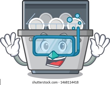 Diving dishwasher machine isolated in the cartoon