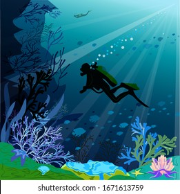 Diving, diver, bathyscaphe, underwater reef, vector image