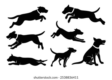 Conjunto de siluetas de perro de buceo Ilustración vectorial plana aislada sobre fondo blanco.