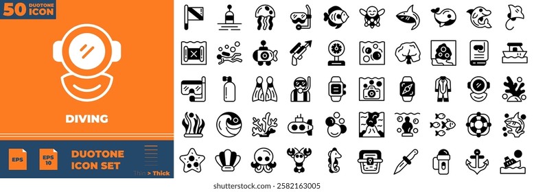 Diving Duotone Editable Icons set. Vector illustration in modern thin duotone style of diving icons: scuba, snorkeling, wetsuit, etc