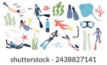 Diving elements for professional scuba divers and vacations. People swimming underwater with fish, sea ocean explorer, recent marine collection