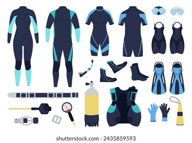 Diving elements. Scuba divers costumes, underwater swimming tools and equipment. Suits, water shoes, oxygen balloon, masks, decent vector icons