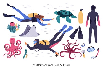 Diving elements. Underwater swimming equipment. People in divers suits and masks. Deep sea explorers. Seabed octopus. Marine stingray and turtle. Undersea coral reef