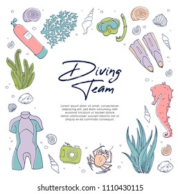 Diving eqiupment banner template. Underwater hand-drawn illustration (frame). Collection of outline colorful icons: diving suit, mask, flippers, underwater camera, seaweed, coral, seahorse, crab.