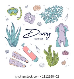 Diving eqiupment colorful card template. Collection of outline icons: diving suit, mask, underwater camera, flippers, corals, aglae. Ocean diving hand-drawn illustration with signs of underwater. 