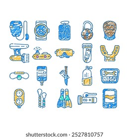 diving equipment and accessories doodle icons set vector. sketch line art gps beacon and life buoy, flippers and facial mask for dicing, diver knife, mouthpiece and oxygen cylinder color illustrations