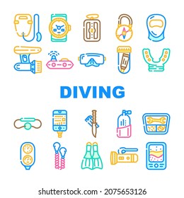Diving Equipment And Accessories Icons Set Vector. Gps Beacon And Life Buoy, Flippers And Facial Mask For Dicing, Diver Knife, Mouthpiece And Oxygen Cylinder Line. Color Illustrations