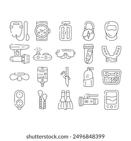 Tauchausrüstung und Zubehör Icons Set Vektor. GPS Beacon und Life Boje, Flipper und Gesichtsmaske für Würfel, Tauchermesser, Mundstück und Sauerstoff-Zylinder schwarze Kontur Illustrationen