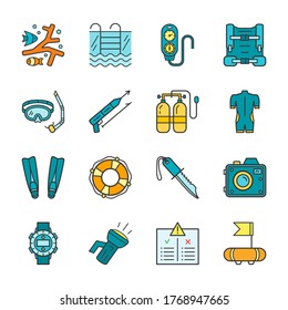 Diving equipment, accessories and scuba gear flat thin line icon set. Outline editable stroke vector illustrations. Lifebuoy, corals, wetsuit, snorkel, torch, camera, speargun, knife, mask, watch