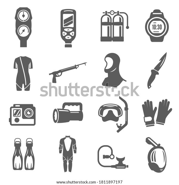 Diving equipment bold black silhouette icons set\
isolated on white. Scuba twin cylinders, mask, snorkel, fins\
pictograms collection, logos. Depth gauge, wetsuit vector elements\
for infographic, web.