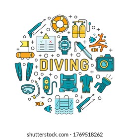 Diving equipment flat line icon set. Concept of scuba gear shop service background. Circle vector illustrations with lifebuoy, corals, wetsuit, snorkel, torch, camera, speargun, knife, mask, watch