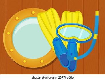 Diving equipment: flippers, scuba mask and snorkel with ship porthole on wooden texture. EPS10 vector illustration