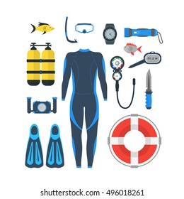 Diving Equipment Icon Set. Mask and Snorkel or Scuba, Flippers and Suit for Swimming. Flat Design Style. Vector illustration of Scuba Diver Aqualang Tank Swimwear and other Stuff for Divers