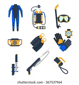 Diving equipment icons in flat style. Diving mask and diving suit, snorkel and flippers. Vector illustration.