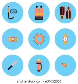 Diving equipment icons such as oxygen mask, knife, watch, camera, flipper, and torch that can be used in various media.