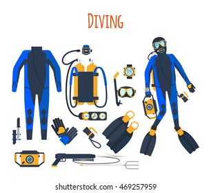 Diving equipment isolated set of vector elements