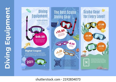 Diving equipment sale promo vertical poster digital coupon set vector illustration. Scuba gear underwater sport swimming snorkel activity discount special offer announce placard. Sea ocean environment