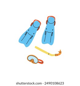 Diving equipment. Scuba gear, fins, underwater masks, swimming undersea, extreme sea sport, ocean adventures, snorkeling. Doodle drawing. Vector cartoon flat style isolated illustration